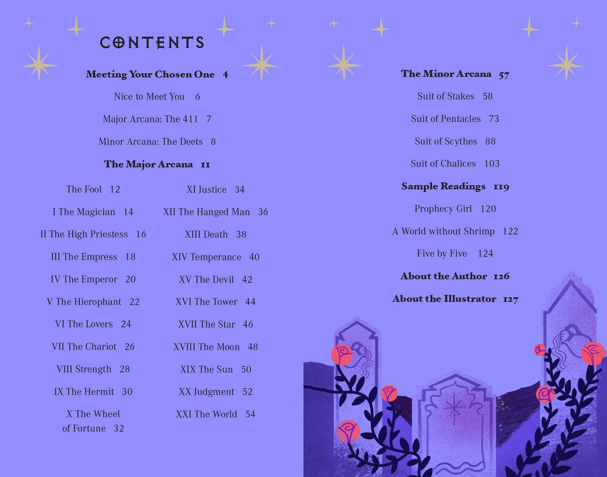 Table of contents for a tarot card book with a purple background and star decorations.