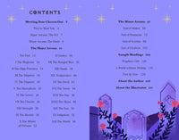 Table of contents for a tarot card book with a purple background and star decorations.
