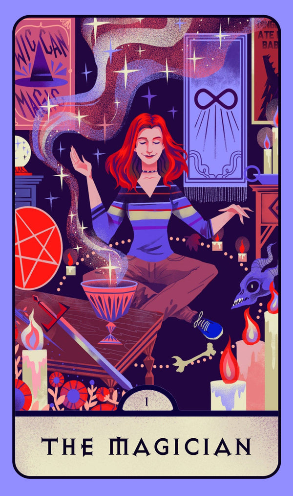 Illustration of 'The Magician' tarot card with a person with red hair and a colorful background.