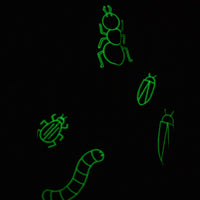 Glowing green illustrations of insects on a black background