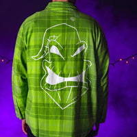 Green plaid shirt with white graphic design on a purple background