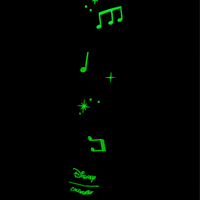 Glowing green musical notes and symbols on a black background with Disney logo.