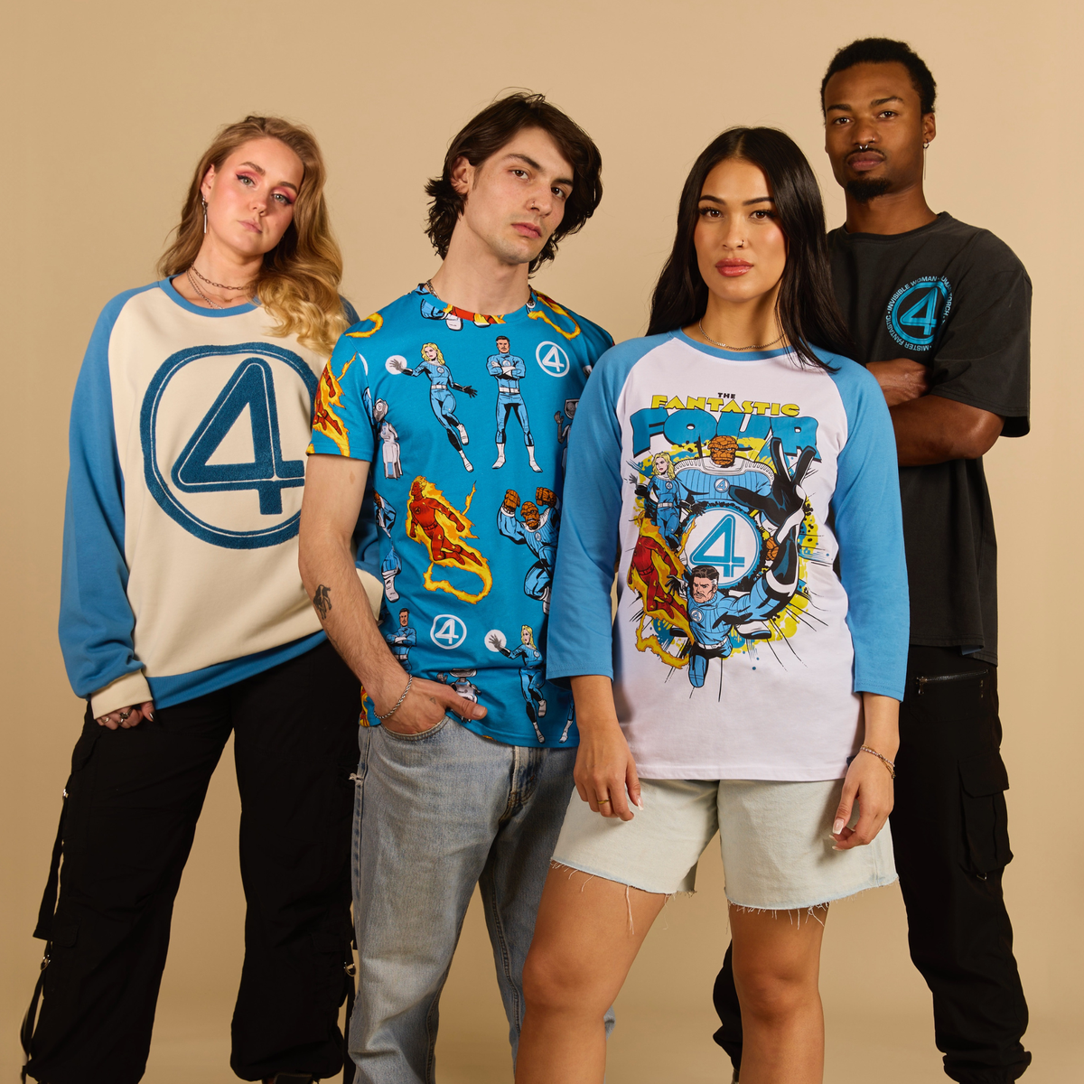 Four people wearing superhero-themed clothing with number 4 on a beige background