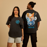 Two people wearing black t-shirts with 'Fantastic Four' designs on a beige background