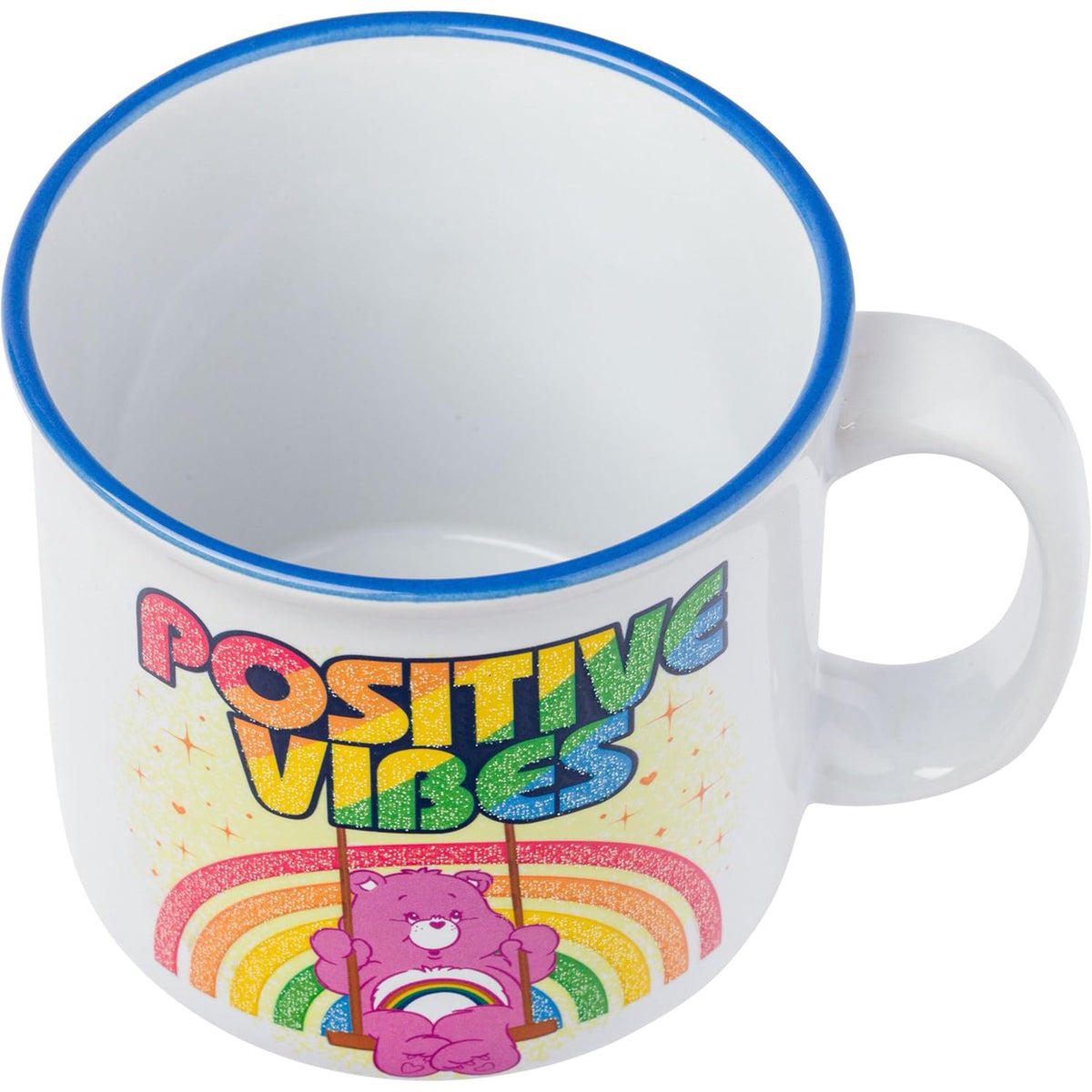 Care Bears “Positive Vibes” Glitter Ceramic Camper Mug Featuring Cheer Bear – 20oz - Leo's Treasure Box