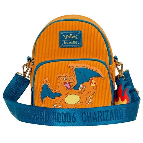 Charizard-themed Pokémon mini backpack in soft corduroy with adjustable straps
