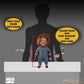 A 15-inch tall Chucky Megazilla action figure with sound, shown next to a giant black silhouette for scale. The figure has red hair, a creepy painted face, and is wearing blue denim overalls over a striped shirt.