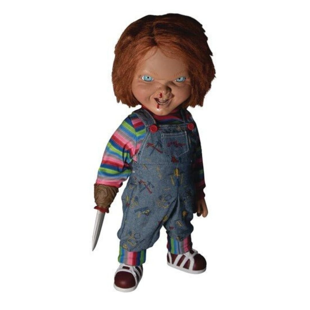 Chucky doll from Child's Play 2 with knife accessory and hand, Mezco Toyz brand visible