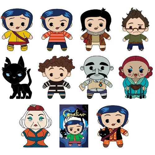 Set of cartoon character figurines with a promotional card featuring a character from 'Coraline'.