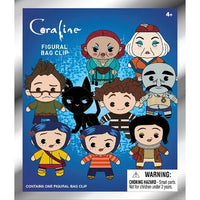 Coraline figurals bag clip packaging with characters on a blue background