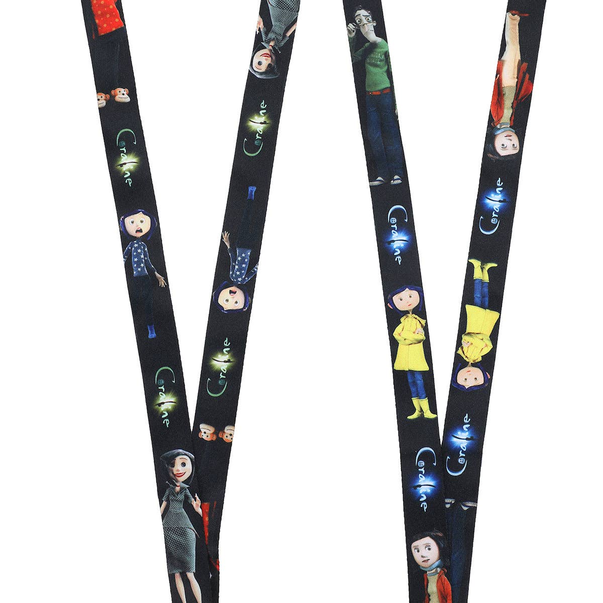 Set of colorful lanyards with cartoon character designs on a white background