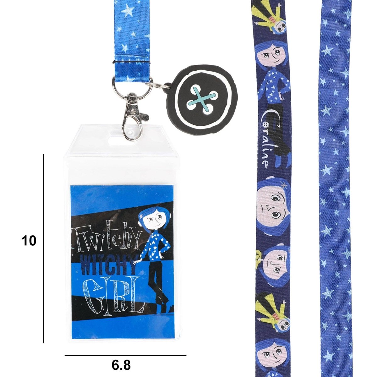 Lanyard with character design and badge holder on a white background