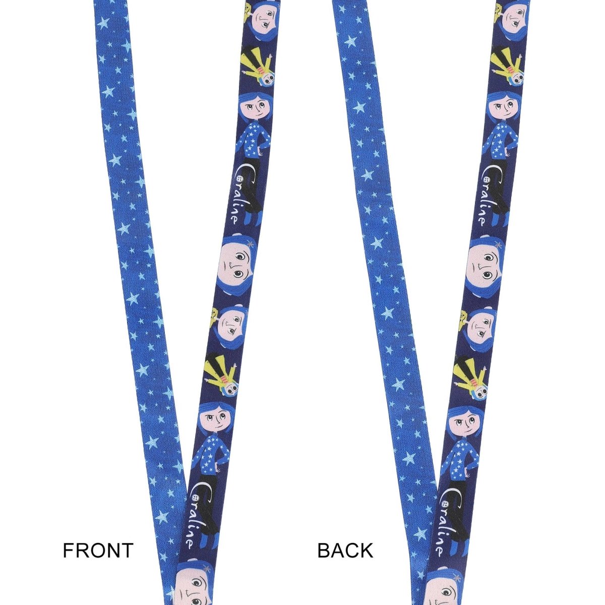 Blue lanyard with cartoon character faces on a white background