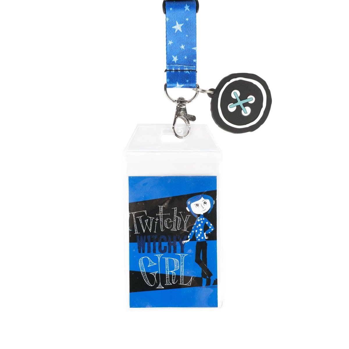 Lanyard with badge holder and 'Twirly Witch Girl' design on a white background