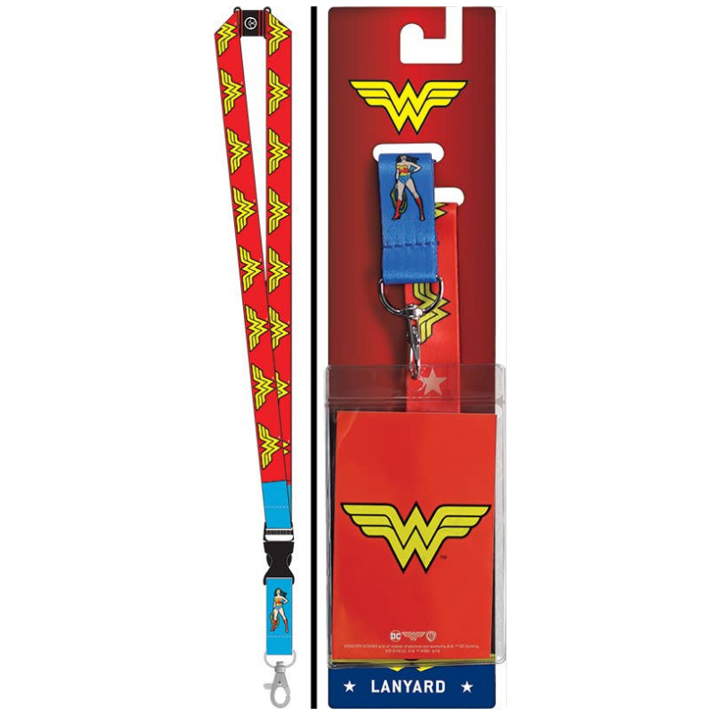 Wonder Woman themed lanyard set shown both loose and in its retail packaging. The lanyard features the yellow Wonder Woman logo pattern on a red background with blue accents and a small character charm.