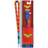 Wonder Woman themed lanyard set shown both loose and in its retail packaging. The lanyard features the yellow Wonder Woman logo pattern on a red background with blue accents and a small character charm.