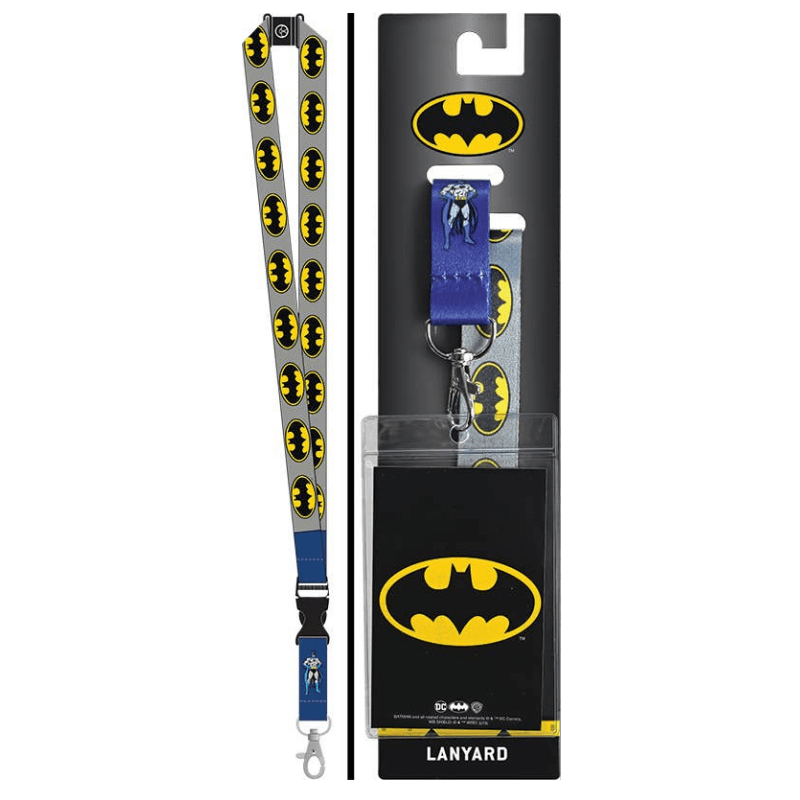 Batman branded lanyard keychain set shown both loose and packaged on a black card. The lanyard is gray with repeated yellow and black Batman logos and a blue accent section near the clasp.