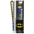 Batman branded lanyard keychain set shown both loose and packaged on a black card. The lanyard is gray with repeated yellow and black Batman logos and a blue accent section near the clasp.