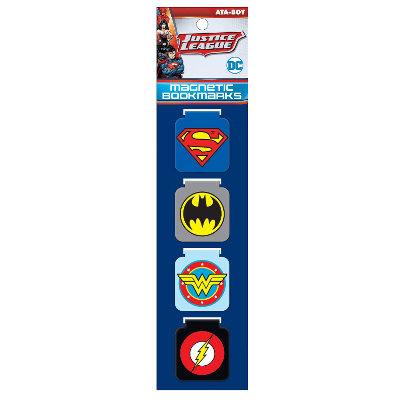 A package of DC Justice League magnetic bookmarks featuring Superman, Batman, Wonder Woman, and The Flash logos on a blue backing card.