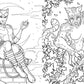 Coloring page of a superheroine and her animal companion in a forest setting.