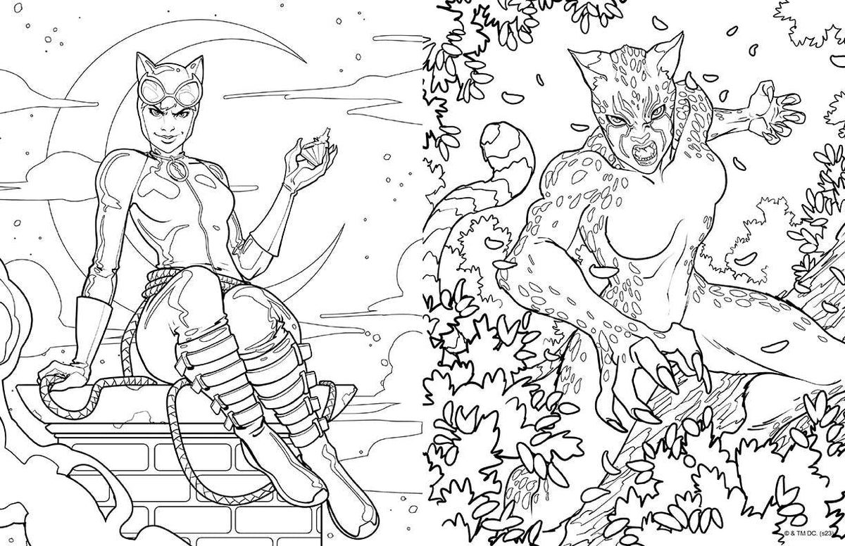 Coloring page of a superheroine and her animal companion in a forest setting.