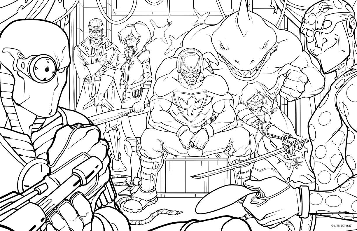 Black and white illustration of superhero characters in a dynamic pose, suitable for coloring.