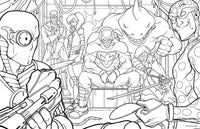 Black and white illustration of superhero characters in a dynamic pose, suitable for coloring.