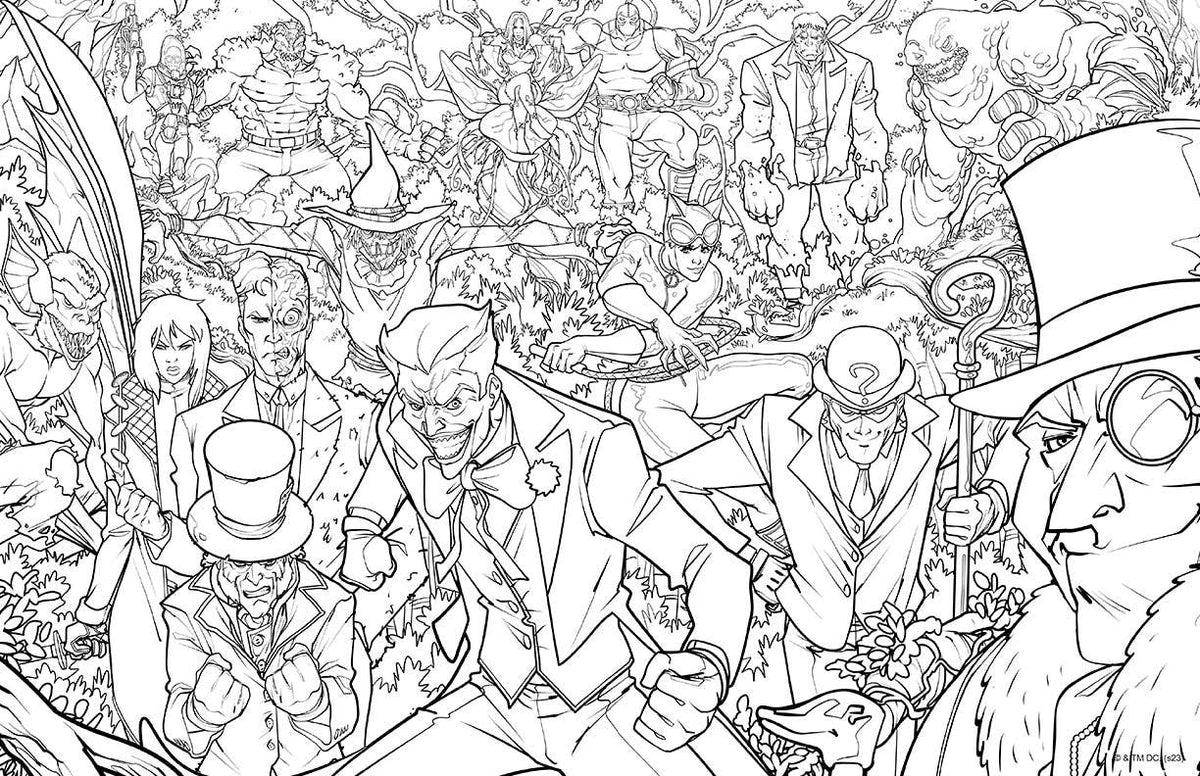 Black and white illustration of various characters in a crowded scene, likely from a comic book or graphic novel.