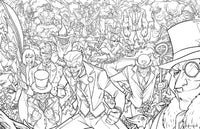 Black and white illustration of various characters in a crowded scene, likely from a comic book or graphic novel.