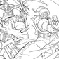 Black and white line art of a superhero and villain in a dynamic pose, likely from a coloring book.