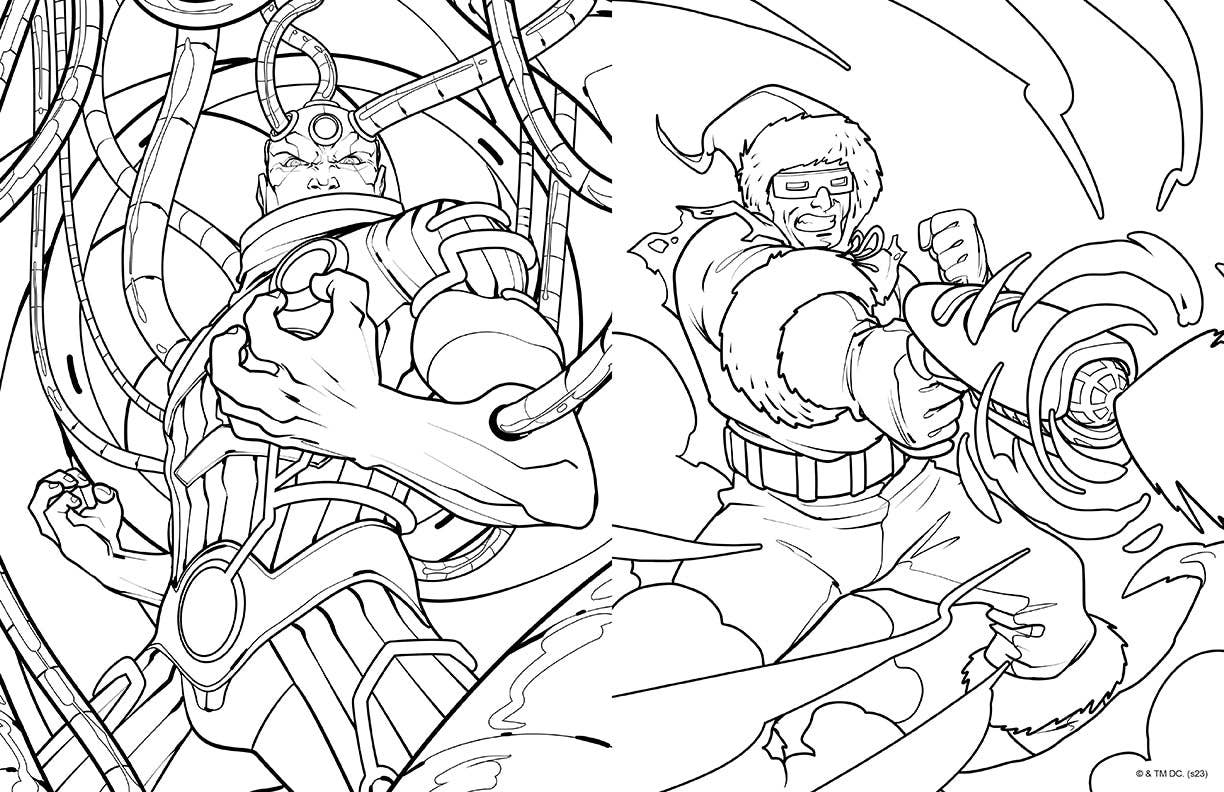 Black and white line art of a superhero and villain in a dynamic pose, likely from a coloring book.
