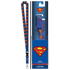 A Superman-themed lanyard shown next to its retail packaging. The lanyard is blue with a repeating pattern of the red and yellow Superman logo, featuring a black adjustable strap and a silver metal clasp.