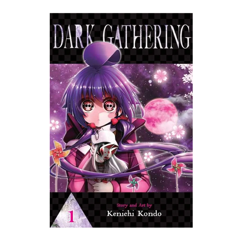 Manga volume cover for Dark Gathering Volume 1, featuring an anime-style illustration of a purple-haired girl in a pink outfit against a cosmic purple background with a pink moon.