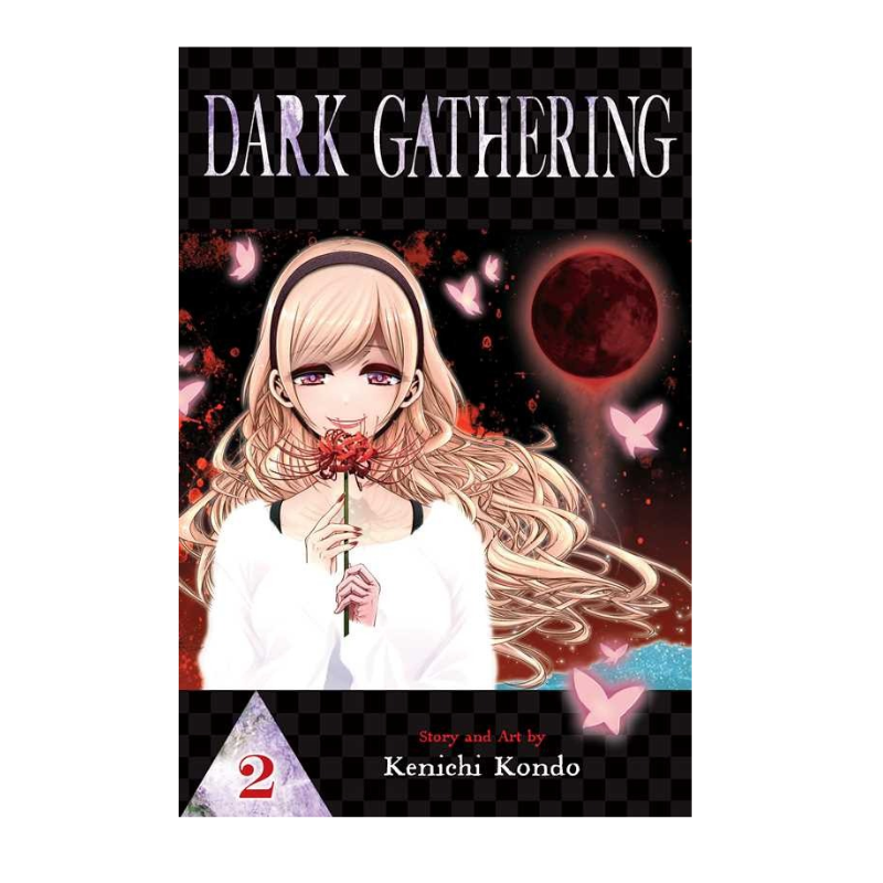 Front cover of the manga book 'Dark Gathering Volume 2' by Kenichi Kondo, featuring an anime-style illustration of a blonde girl holding a red flower against a dark background with butterflies and a red moon.