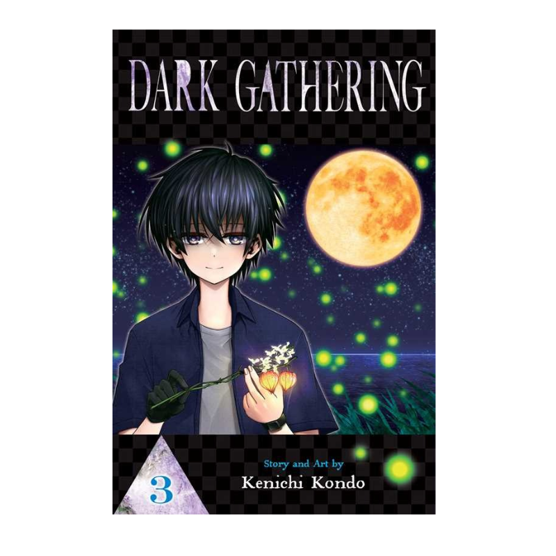 Manga volume cover for Dark Gathering Volume 3, featuring an anime-style illustration of a dark-haired character holding flowers under a large glowing moon on a black checkerboard background.