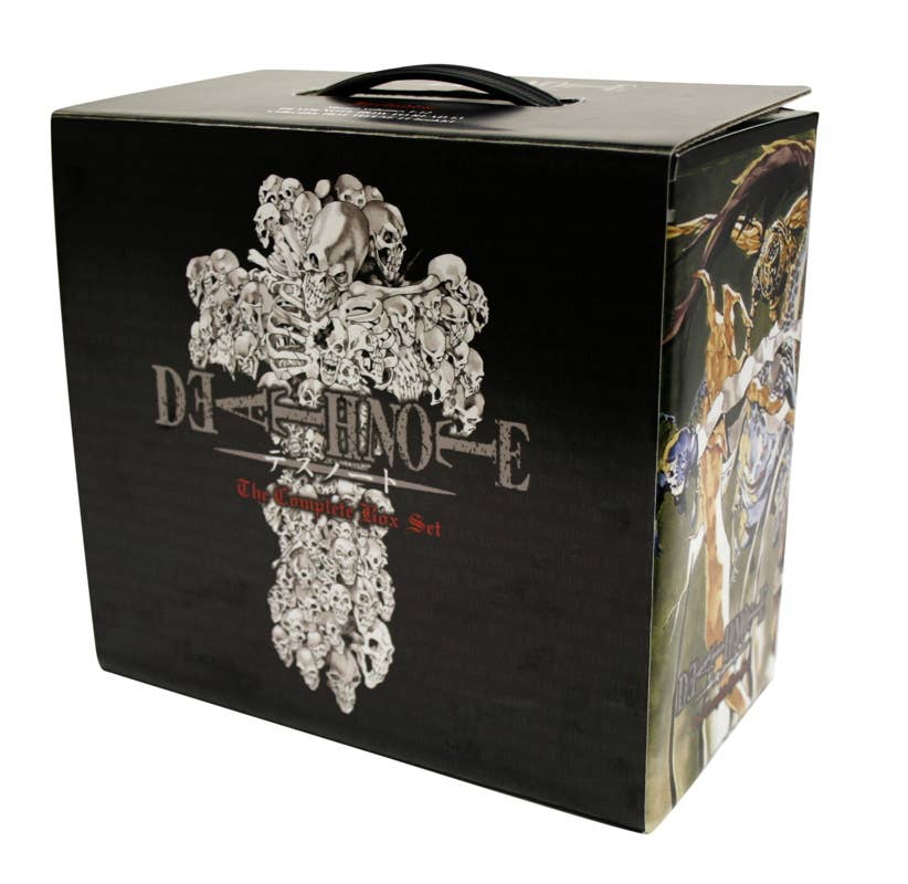 Black box with 'DEATH NOTE' design featuring a cross and skull, on a white background