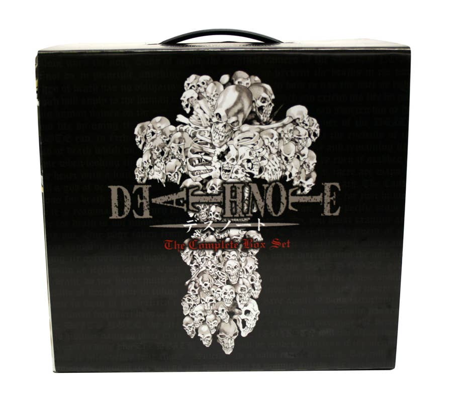 Black box with decorative skull and crossbones design on a white background