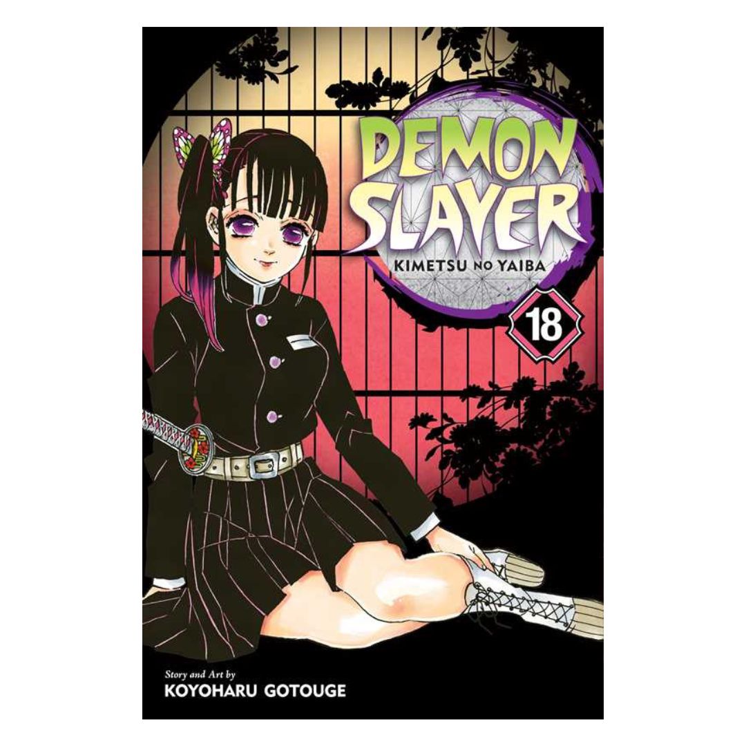 Book cover of 'Demon Slayer' with an anime character sitting on a window ledge.