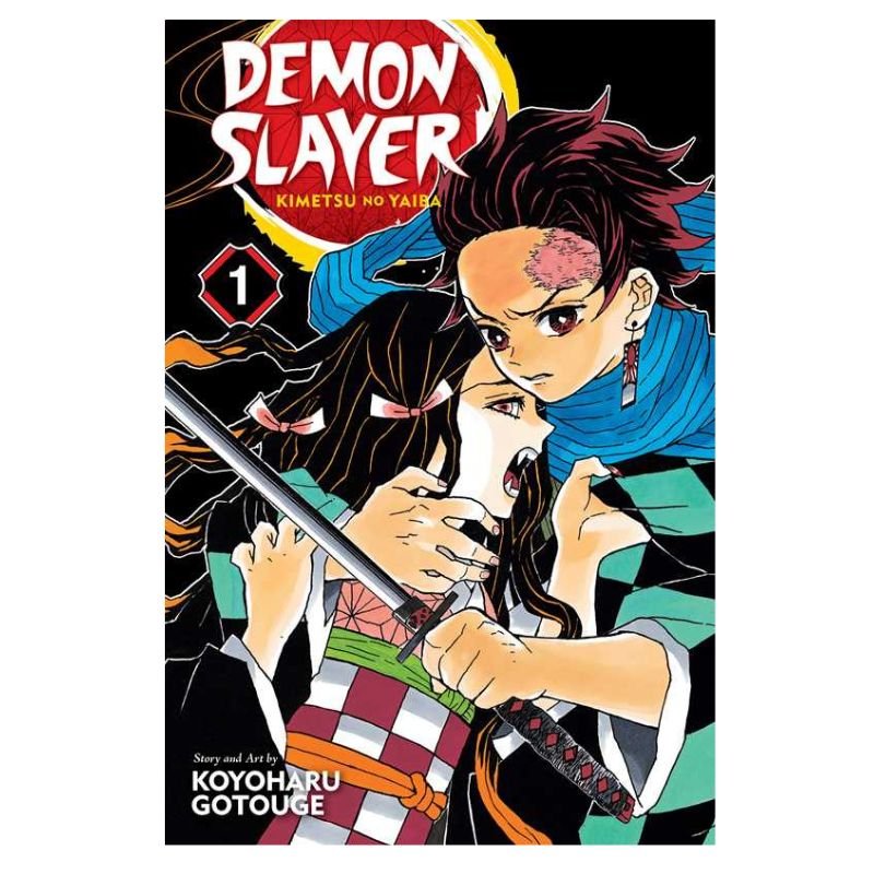 Demon Slayer Volume 1 manga book cover featuring Tanjiro Kamado and Nezuko Kamado in an action scene, with the title 'Demon Slayer' and author name Koyoharu Gotouge visible.