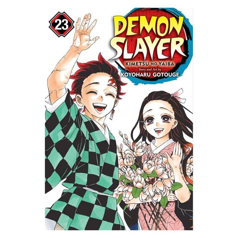 Demon Slayer Volume 23 manga book cover featuring Tanjiro Kamado in a green and black checkered haori waving, Nezuko Kamado holding a bouquet of flowers, and the title logo at the top right on a white background.