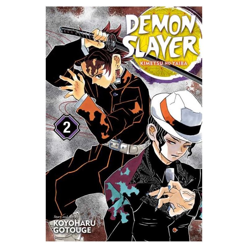 Demon Slayer Volume 2 manga book cover by Kimetsu no Yaiba, featuring Tanjiro Kamado and Nezuko Kamado in an action illustration with the title logo at the top.