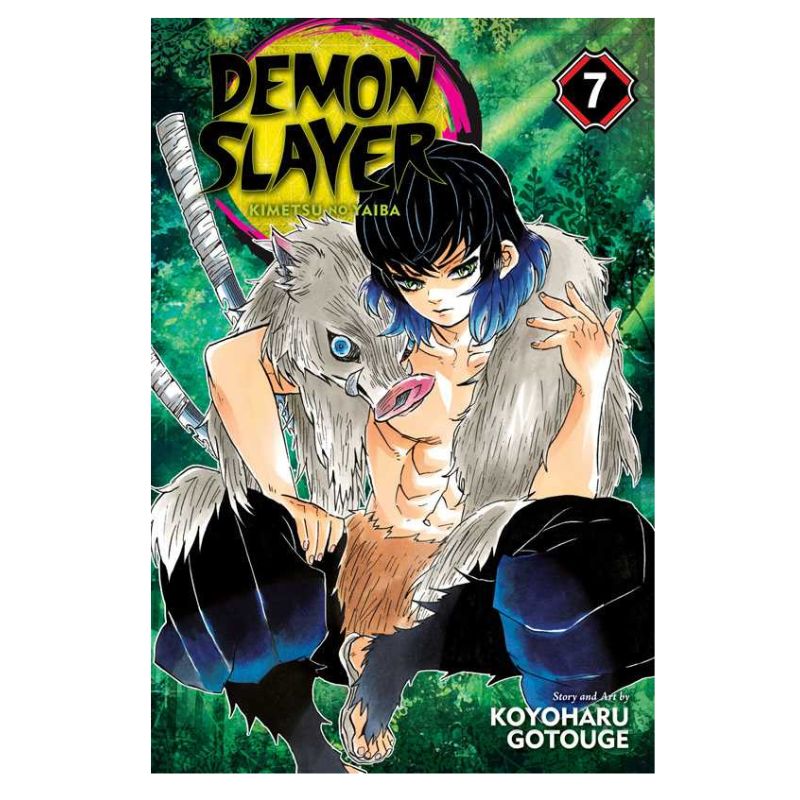 Demon Slayer Volume 7 manga book cover featuring Tanjiro Kamado with a wolf mask and a wolf, set against a green forest background with the title 'Demon Slayer' and author name Koyoharu Gotouge visible.