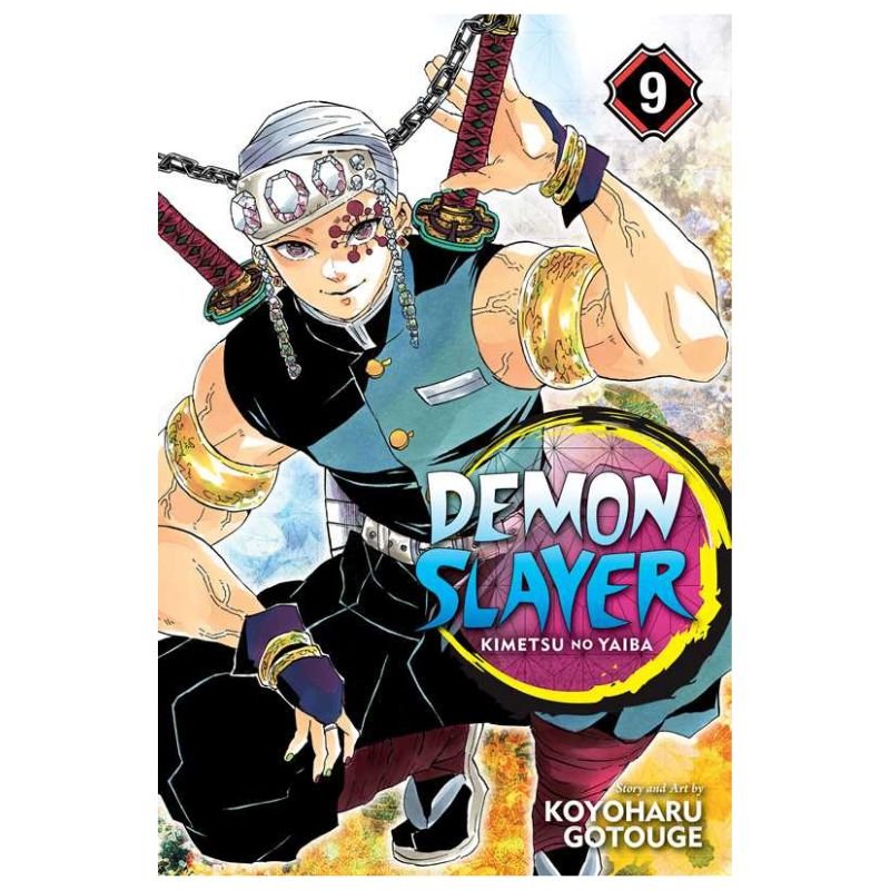 Front cover of the manga volume 9 of Demon Slayer: Kimetsu no Yaiba, featuring the main character Tanjiro Kamado in a dynamic pose with a sword, set against a colorful illustrated background with the title and author name visible.