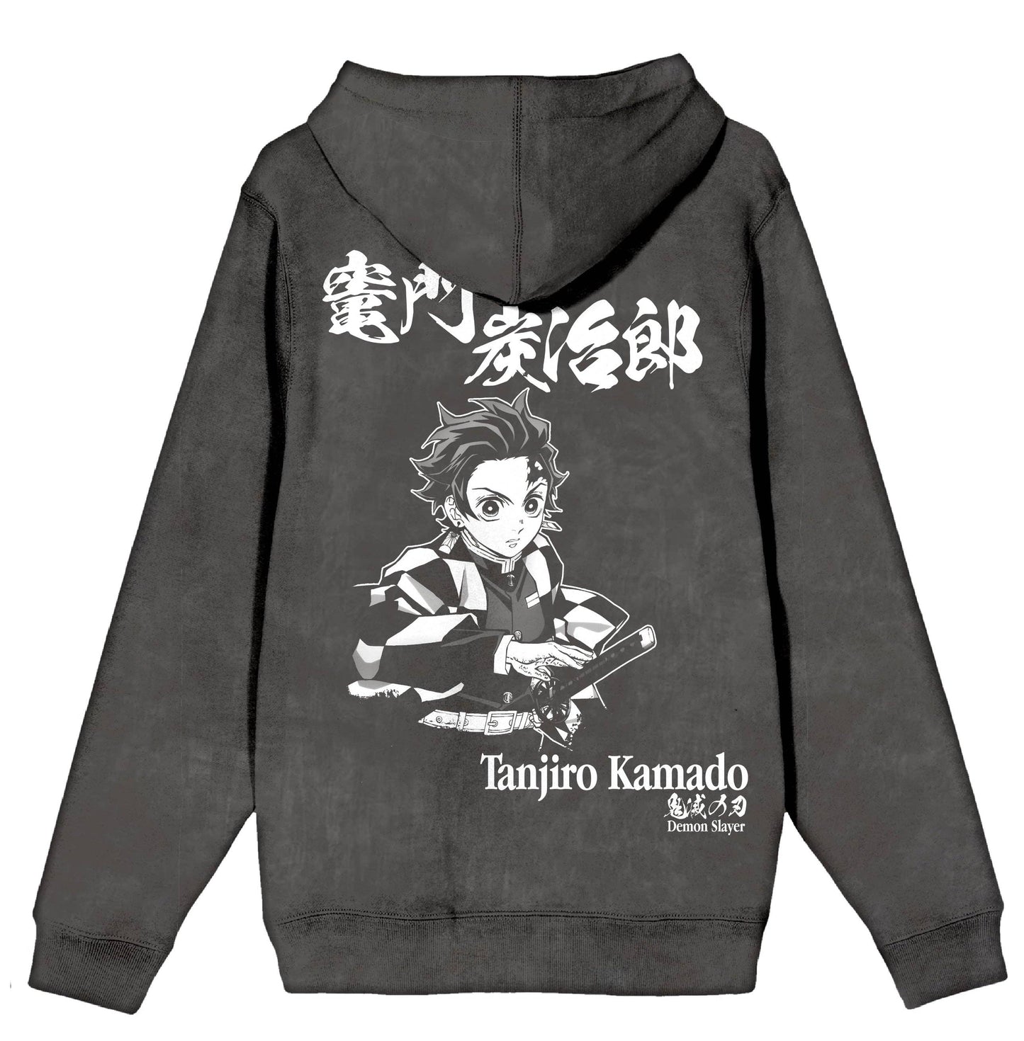 Gray hoodie with Tanjiro Kamado design and text on the back