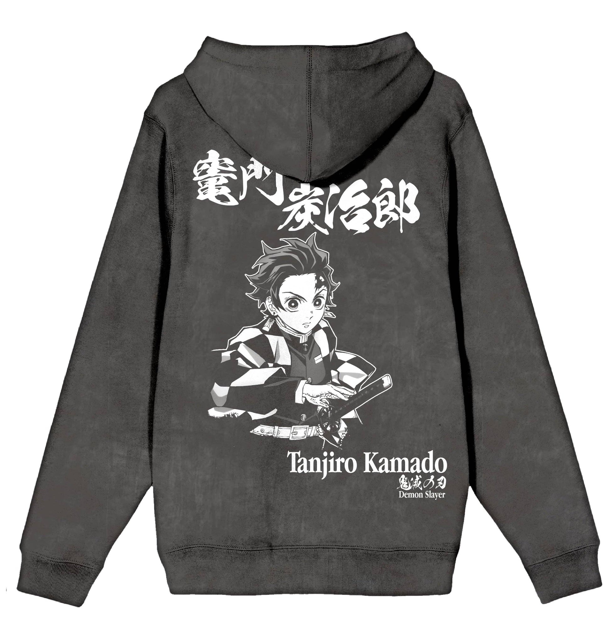 Gray hoodie with Tanjiro Kamado design and text on the back