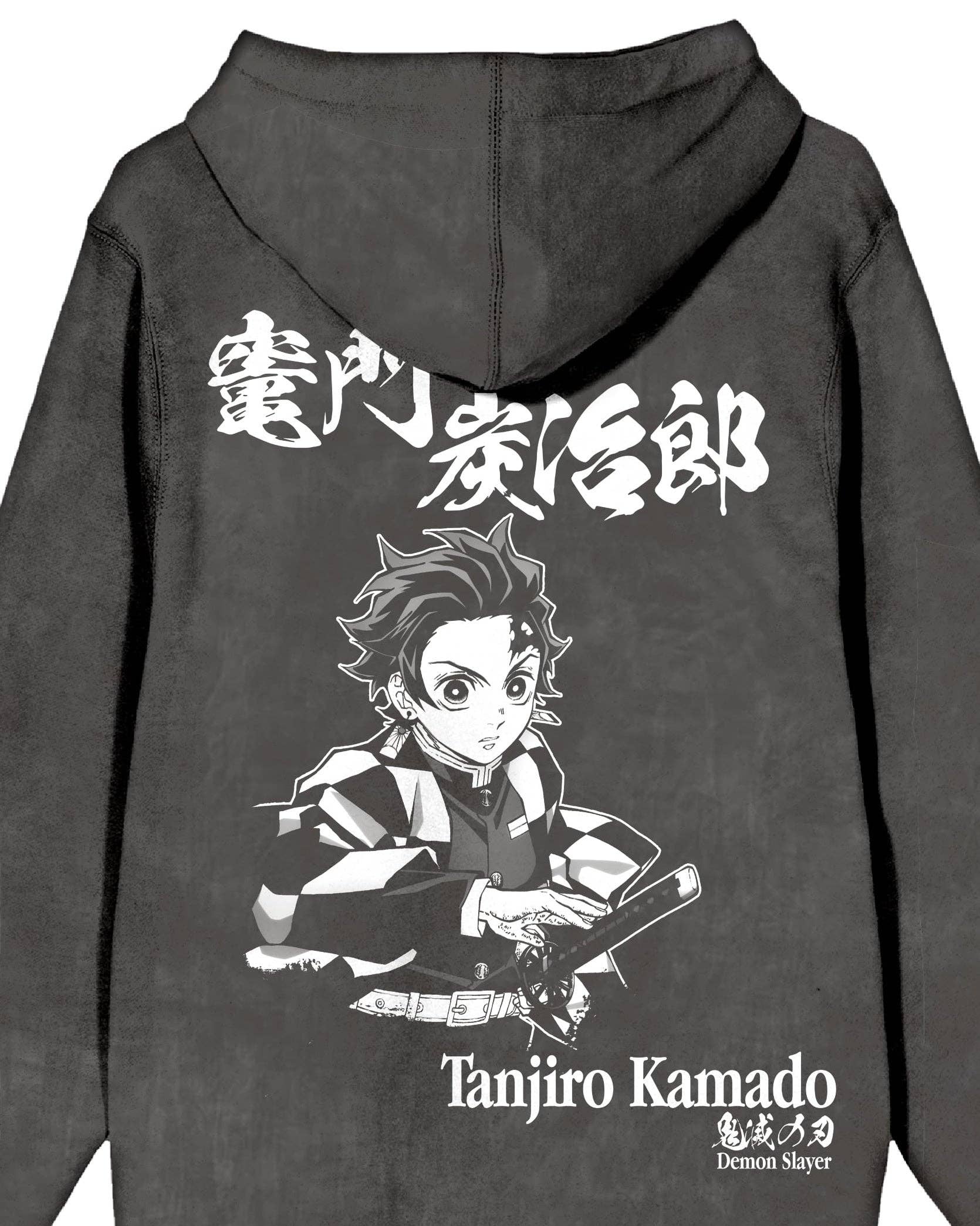 Black hoodie with Tanjiro Kamado design and Japanese text on the back