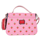 Cute crossbody purse with Strawberry Shortcake character, gingham trim, and denim body

