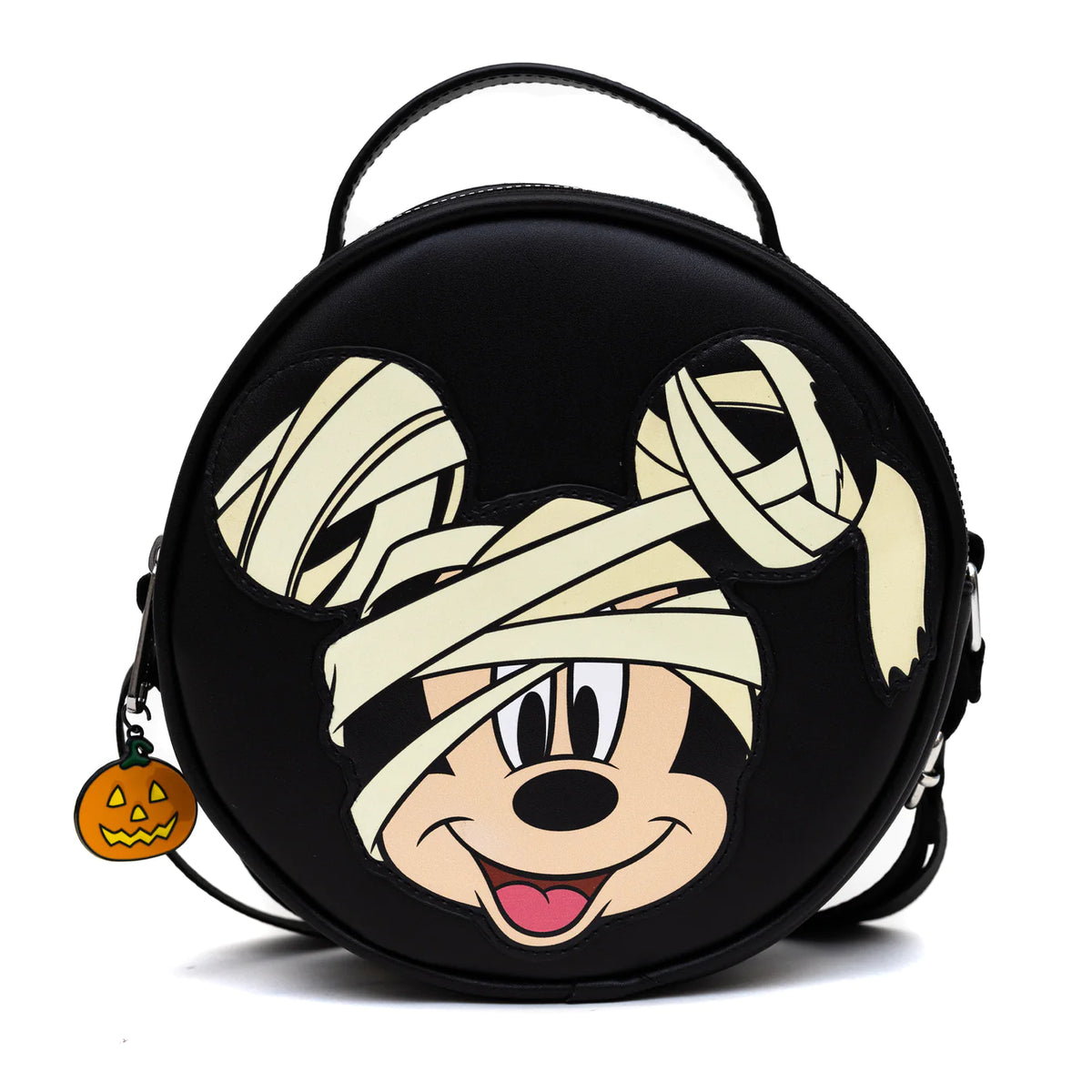 Disney Bag, Cross Body, Round, Mummy Mickey Mouse Glow in the Dark Smiling Applique, Black, Vegan Leather