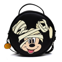 Disney Bag, Cross Body, Round, Mummy Mickey Mouse Glow in the Dark Smiling Applique, Black, Vegan Leather