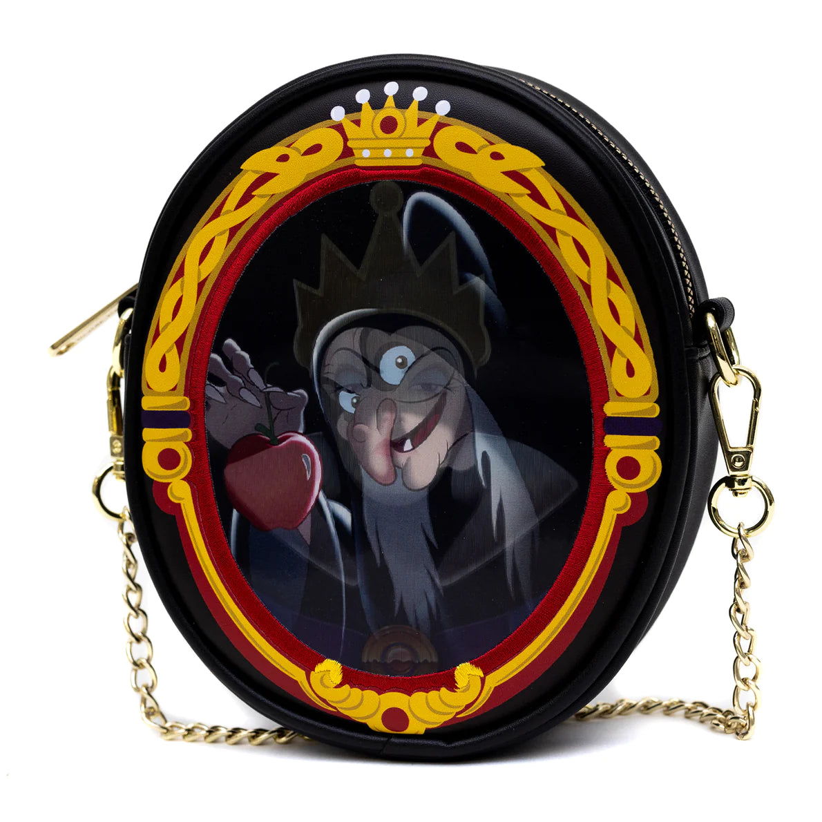 Disney Bag, Oval Crossbody, Snow White Old Hag and Evil Queen Villains Lenticular Portrait, Black, Vegan Leather
